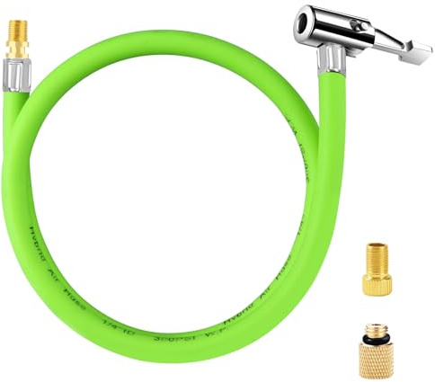 GODESON 31 Tire Inflator Hose Adapter & Converting Nut,Air Chuck with Green Rubber Hose and Presta Valve Adaptor, Schrader Valve Adapter for Tire Pump's Twist On Convert to Lock On Connection