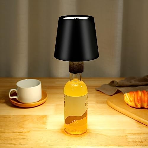 LED Wine Bottle Lamp, 3-Color Dimmable Wine Bottle Light, Touch Control Cordless Table Lamp, USB Rechargeable Decorative Wine Bottle Night Light for Party, Bar, Restaurant, Bedroom (Black)