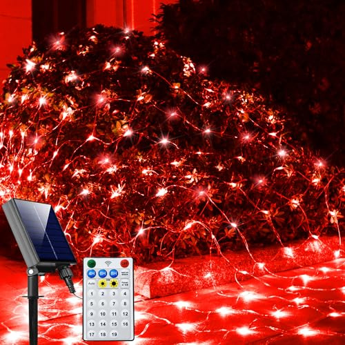 Curyidy Luces solares de red para exteriores, luces de malla rojas, 200 luces LED de Navidad, impermeables, 19 modos de temporizador, luces de envoltura de árbol para valla, jardín, patio, arbustos