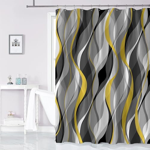 Duschvorhang für Badezimmer, Gelb und Grau, Duschvorhang, Stoff, modern, abstrakt, gestreift, minimalistisch, wasserdicht, schwarz, grau, gelb, 183 x 183 cm