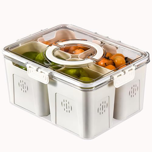 Noetoy Fridge Storage Containers with Lids & Handle, Portable Food Box Container with 4 Removable Colanders, Fresh Produce Saver for Fruit, Vegetable, Refrigerator, Kitchen, Home, Picnic,Party