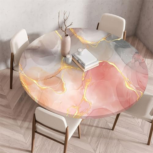 Odot Marbre Nappe de Table Ronde en Anti Tache Intérieur Extérieur Couverture de Table avec Bord Élastique Nappes Rondes Lavable pour Cuisine Jardin Décoration (110cm,Gris Rose)