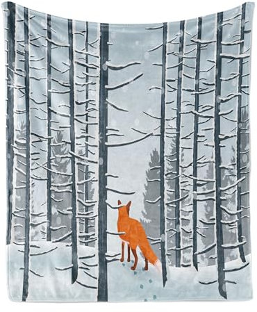 ABAKUHAUS Winter Weich Flanell Fleece Decke, Fox Walking auf Schnee Woods, Gemütlicher Plüsch Decke Werfen, 175 x 230 cm, Blaugrau Dunkelorange