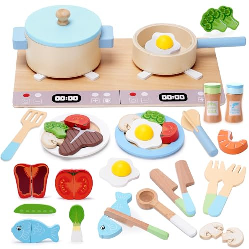 Teneytoyz Juguetes de Cocina para Niños Accesorios, 27 Piezas Utensilios de Cocina al Aire Libre, Juego de Ollas y sartenes de Madera, Vegetales para Cortar, Juego de rol para Niños Mayores de 3 Años