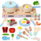 Teneytoyz Juguetes de Cocina para Niños Accesorios, 27 Piezas Utensilios de Cocina al Aire Libre, Juego de Ollas y sartenes de Madera, Vegetales para Cortar, Juego de rol para Niños Mayores de 3 Años
