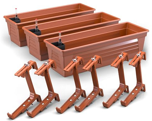 Plastard Blumenkasten Milano 3er Set 100 cm lang mit Hydroeinsatz Wasserstandsanzeiger und Balkonhalterung witterungsbeständiger Pflanzkasten Farbe Terrakotta