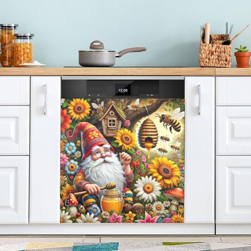 Cubierta magnética para lavavajillas, diseño de gnomo, girasol, miel, decoración de cocina, 58 x 66 cm