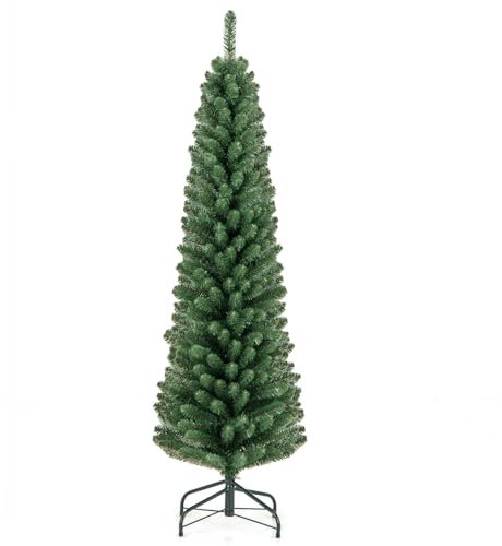 COSTWAY 5FT/6FT/7FT/8FT Green Pencil Slim Christmas Tree, Traditional Artificial Xmas Tree with Metal Stand, Christmas Decoration and Gift (5FT-with 295 Tips)