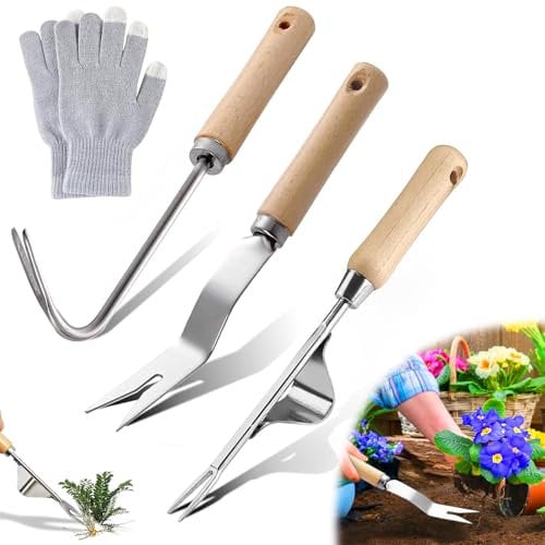 TLDNZXY Lot de 3 piqueurs de mauvaises herbes en acier inoxydable avec manche en bois, désherbeur manuel, désherbeur manuel pour creuser, désherber, desserrer, déraciner