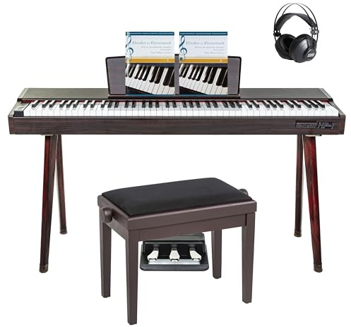 Dunkelbraunes E-Piano Set, Hammermechanik, 88 Tasten, USB MIDI, Kopfhörer, Klavierbank, Notensammlung, Dreifachpedal, Perfekt für Anfänger und Fortgeschrittene