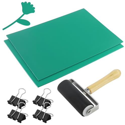 2 Pezzi Piastre Linoleum Gomma Morbida con 1 Ruote larghe e 4 Pinza coda lunga,Set A4 Stampa Linoleum con superficie piana morbida,Kit Rubber Carving Block,per Printing