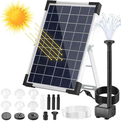 Bomba Solar para Estanque de 5 W, 170 L/h, con Tubería de Agua de 1 m, 9 Boquillas y Cable de 3,25 m, Ideal para Estanques, Fuentes, Cascadas y Piscinas