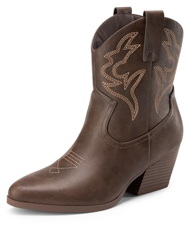 DREAM PAIRS Stivali da Cowboy da Donna Stivali Western Corti Ricamati con Punta e Tacchi a Zeppa,Size 38.5,Marrone,DWUMAB2504