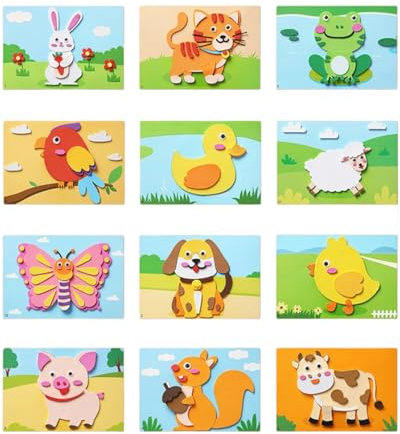 TPZORJX Bastelset Kinder Automotive, 12 Stück Schaum Puzzle Bastelset Süße Tiere, Bastel Handwerk Kinder mit 3d-Aufkleber, Selbstklebend Moosgummi Kunstsets für Jungen Mädchen ab 4 Zeichnungs DIY