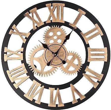 Large Wall Clocks Roman Retro Gear Metal Wall Clock 23.6inch/60cm Vintage Round Roman Numerals Clocks for Home Decor Kitchen Living Room (Gold Gear)