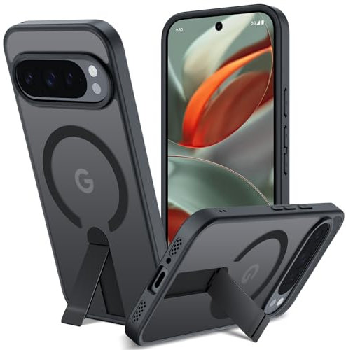 Funda para Google Pixel 9/9 Pro/10/10 Pro con Soporte Compatible MagSafe, Magnética Carcasa iPhone 16e Soporte Protección Militar Fina Antigolpes Case Translúcida Mate Trasera, Negro
