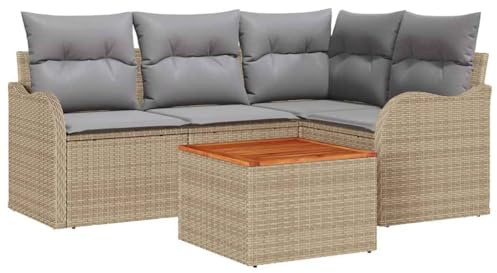 vidaXL Gartensofa-Set mit Kissen 5 pcs Beige Poly-Rattan, Moderner, robuster, modularer, Leichter Garten-Sofa-Set, UV-beständige Möbel, Akazienholz, vielseitige Sitzgelegenheiten