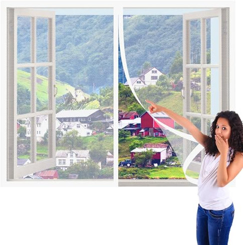 Moustiquaires pour Fenêtre 52 x 73 cm Rideau Moustiquaire de Porte Fermeture Automatique et Détachables pour Couloirs, Salon Cuisine Baie Vitree, Blanc
