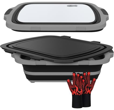 XL Collapsible BBQ Prep Tub with Cutting Board & Drain Plug – Portable Food Prep Station for Kitchen, Camping & Grill – Dishwasher Safe, Space-Saving Design – Heat-Resistant Glove Included (Black)