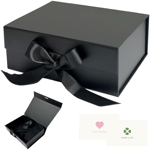 AlGuirnex Black Foldable Gift Box 22x17x9cm with Magnetic Lid, Premium Present Box with Ribbon & 2 Greeting Cards – Luxury Flat-Pack Packaging for Birthday, Wedding & Occasions