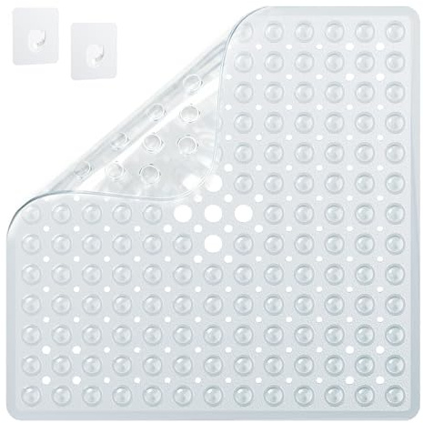 SRIWATANA Duschmatte rutschfest Antirutschmatte Dusche 53x53cm inkl. 2 Haken, Duscheinlage Duschteppich BPA Frei Shower Mat Non-Slip Schimmelresistent & Maschinenwaschbar, Transparent