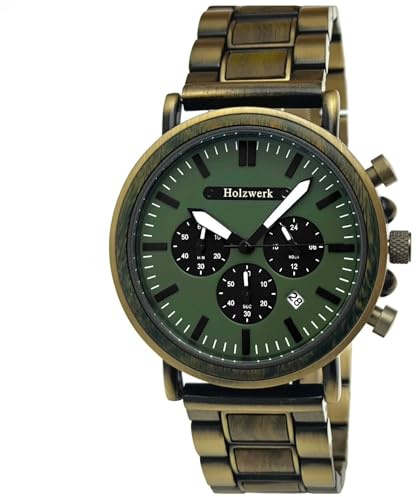 Holzwerk Germany Handgefertigte Designer Herren Uhr Öko Natur Holz Chronograph Armband Analog Quarz Grün Gold Braun Holzuhr Datum Holz Ziffernblatt