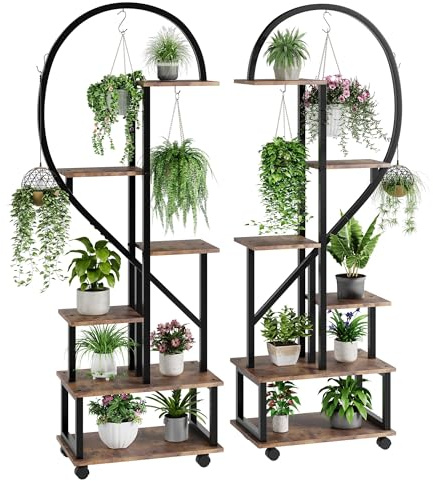 OPULENTHOME Lot de 2 Support Plantes Interieur, 6 Niveaux 172 cm, Porte Plante Interieur avec Roulettes et 6 Crochets en Forme de S,Demi-Cœur étagère de Présentation pour le Jardin, le Balcon