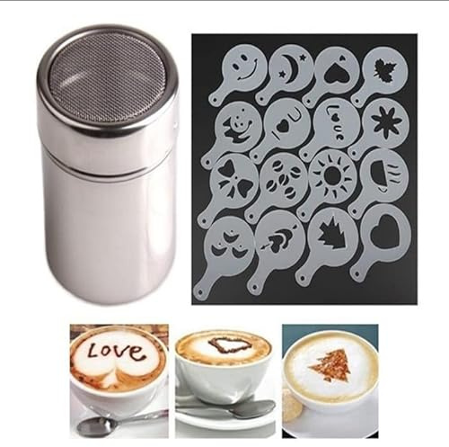Cacao con Espolvoreador , Espolvoreador de Acero Inoxidable, con 16 Plantilla, con Malla Tapa, para bricolaje, capuchino, café, cocina, hornear y cocinar