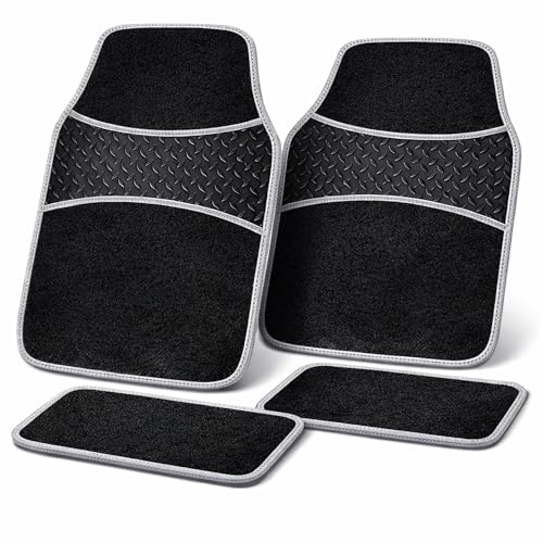 Fußmatten Auto 4er Set – Universal rutschfest Grau Vorne und Hinten | Polyester-Velours oben · Riffelgummi-Zone mittig · Strukturierte PVC-Unterseite · Grauer Rand · REACH