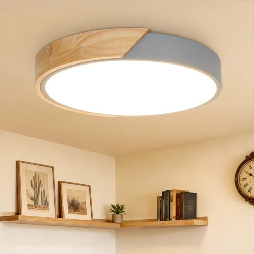 Kimjo 24W Deckenlampe Holz Grau, Led Deckenleuchte Rund, Warmweiß 3000K