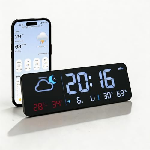 Seutgjie Digital Wecker WLAN mit Wetter Tischuhr/Wanduhr Schwarz | Digital Uhr Automatischer Zeitsynchronisation Wettervorhersage Temperatur Luftfeuchtigkeit für Schlafzimmer Büro Wohnrau