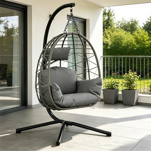 Hängesessel Mit Gestell Bis 150 kg, Outdoor Rattan Hängesessel | Metallgestell, Komfortabler Hängesitz Indoor Mit Waschbaren Kissen, Für Garten, Terrasse & Balkon