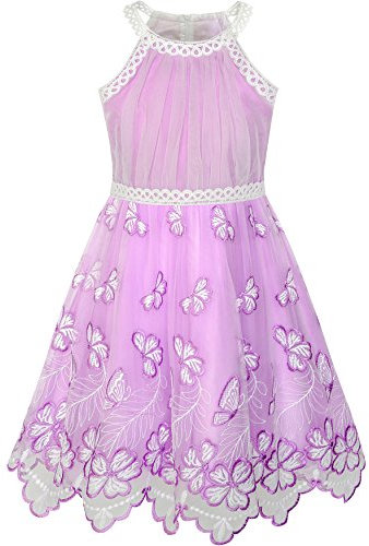Sunny Fashion Mädchen Kleid Lila Schmetterling Gestickt Halfter Kleid Party Gr. 146