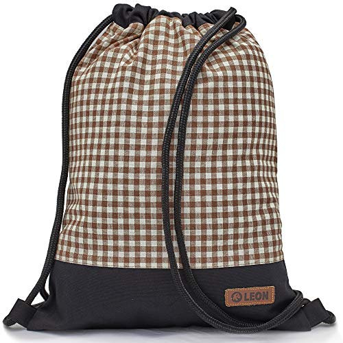 By Bers LEON Turnbeutel mit Innentaschen in Schwarz-Weiß Rucksack Tasche Damen Herren & Teenager Gym Bag Draw String (braun kariert)