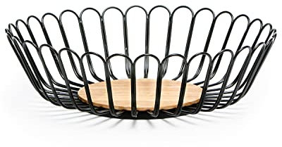DMAR Grande Frutero, 30x9cm Negro Cesta Fruta con Base de Madera, Metal Fruteras