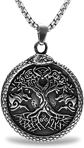 bahamut Mens Viking Fenrir Wolf Odin Raven Yggdrasill Cross Pendant Necklace,Norse Amulet Jewelry Viking Gifts for Men (Yggdrasil Jormungandr)