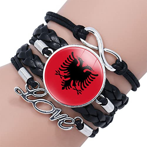 ldygefow Gewebtes Armband,Kreative Ethnische Figur Albanische Flagge Kunst,Liebe Text Zeit Edelstein Armband Glas Snap Bead Armband Unisex Geflochten Leder Armband,Schwarz,25Mm