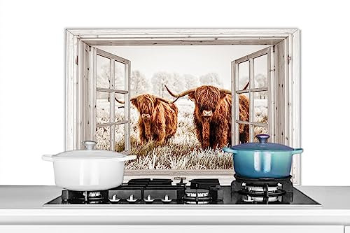 KitchenYeah© Spritzschutz Küchenrückwand Platte Kuchendeko Aluminium Platte Kitchen Wall Protector Rückwand KücheDurchsichtige - Schottisches Hochlandrind - Kuh - Tiere - Braun - 80x55 cm