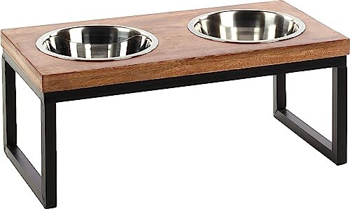 Gamelle pour Chien - Amovibles - antidérapant - avec Protection pour éviter de griffer Le Sol - matériau Extra-Fort - Bois et métal - 55 x 27 x 22-1.6L
