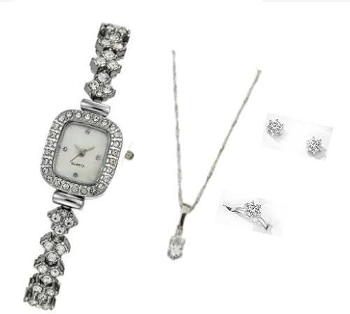 Mr. Gadget's Solutions Women's Watches Fashionable Classic Simple Ladies Popular Watches Business Bangle Bracelets Necklaces Rings Earrings Gift Set - 5 Pieces Silver