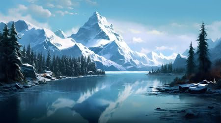 adrium Acryl-Bild 70 x 40 cm: Fantastische Winterlandschaft mit schneebedeckten Bergen und See. 3D-Rendering (207878313)