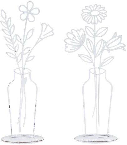 levandeo 2er Set Metall Blume Weiß Deko-Aufsteller Tischdeko Shabby Chic Vintage Vase Boho Frühling Wohndeko
