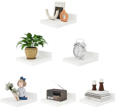 IBUYKE Small Floating Shelf,Wooden Wall Shelves,Set of 6,Display Racks,Hanging Shelf for Bedroom,Bathroom,Kitchen,White,RF-GB505W-6