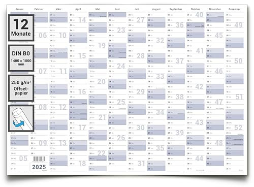 Gigatime XXXL Wandkalender Jahresplaner 2025 Papierkalender, 140x100cm, DIN B0 deutsch, perfekt für Büro und Zuhause in Premium Qualitätspapier extra groß und übersichtlich