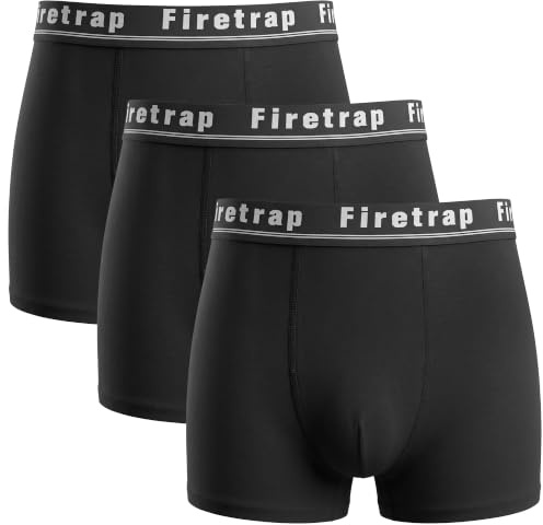 Firetrap Mens 3 Pack Designer Boxer Shorts, Underwear Gift Set Trunks Comfortable Stretch Cotton Plain Colours Mens Briefs All Black S
