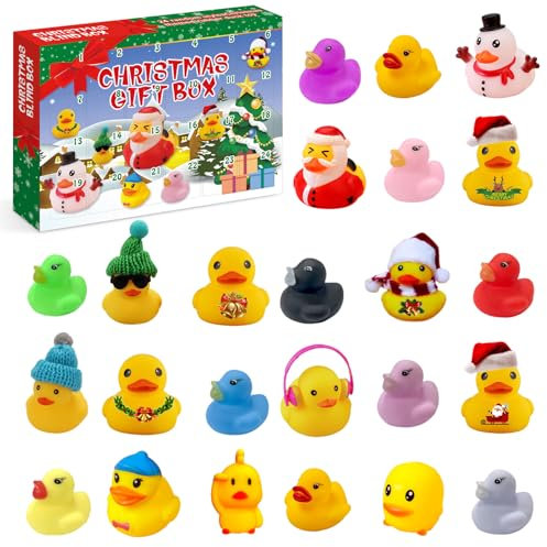 ATSGJLZN Adventskalender Enten,Adventskalender 2024 Lustig 24PCS Badeente,Quietscheente Gummienten Adventskalender 2024 für Mitgebsel Weihnachten Jungen Mädchen