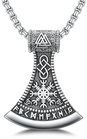 enjoylifecreative Wikinger Axt Halskette für Herren 925 Sterling Silber Wikinger Kompass Vegvisir Valknut Halskette Nordischer Wikinger Schmuck Geschenke für Männer Junge