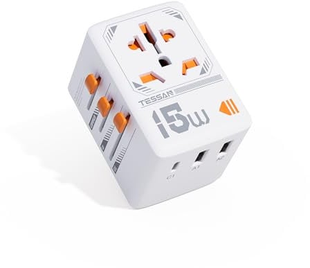 Universal Travel Adapter Worldwide, TESSAN International Plug Adaptor with 1 USB C and 2 USB A Ports, Universal Power Adapter for UK to Europe US Japan Chinese Vietnam Thailand Italy (Type C, G, A, I)