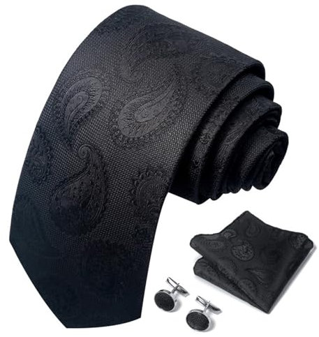 Krawatten für Herren, Krawatte und Einstecktuch, Manschettenknöpfe, Set für geschäftliche oder formelle Anlässe, Schwarz, Hochzeit (Farbe: A, Größe Einheitsgröße) (B