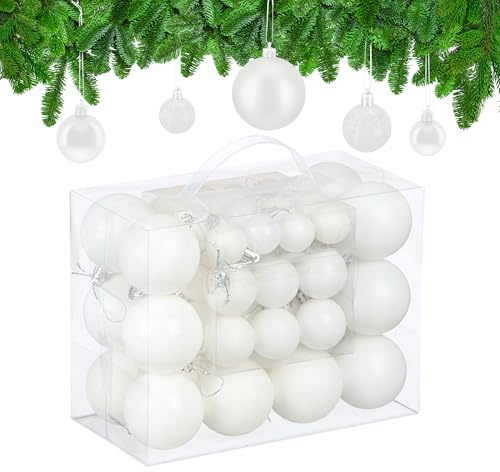 Relaxdays Weihnachtskugeln im 50er Set, Kunststoff, glitzernde, Matte, glänzende Baumkugeln, Christbaumschmuck, weiß